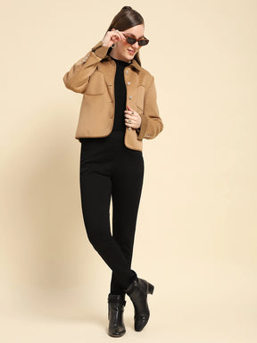 Camel Solid Poly Viscose Regular Fit Coat