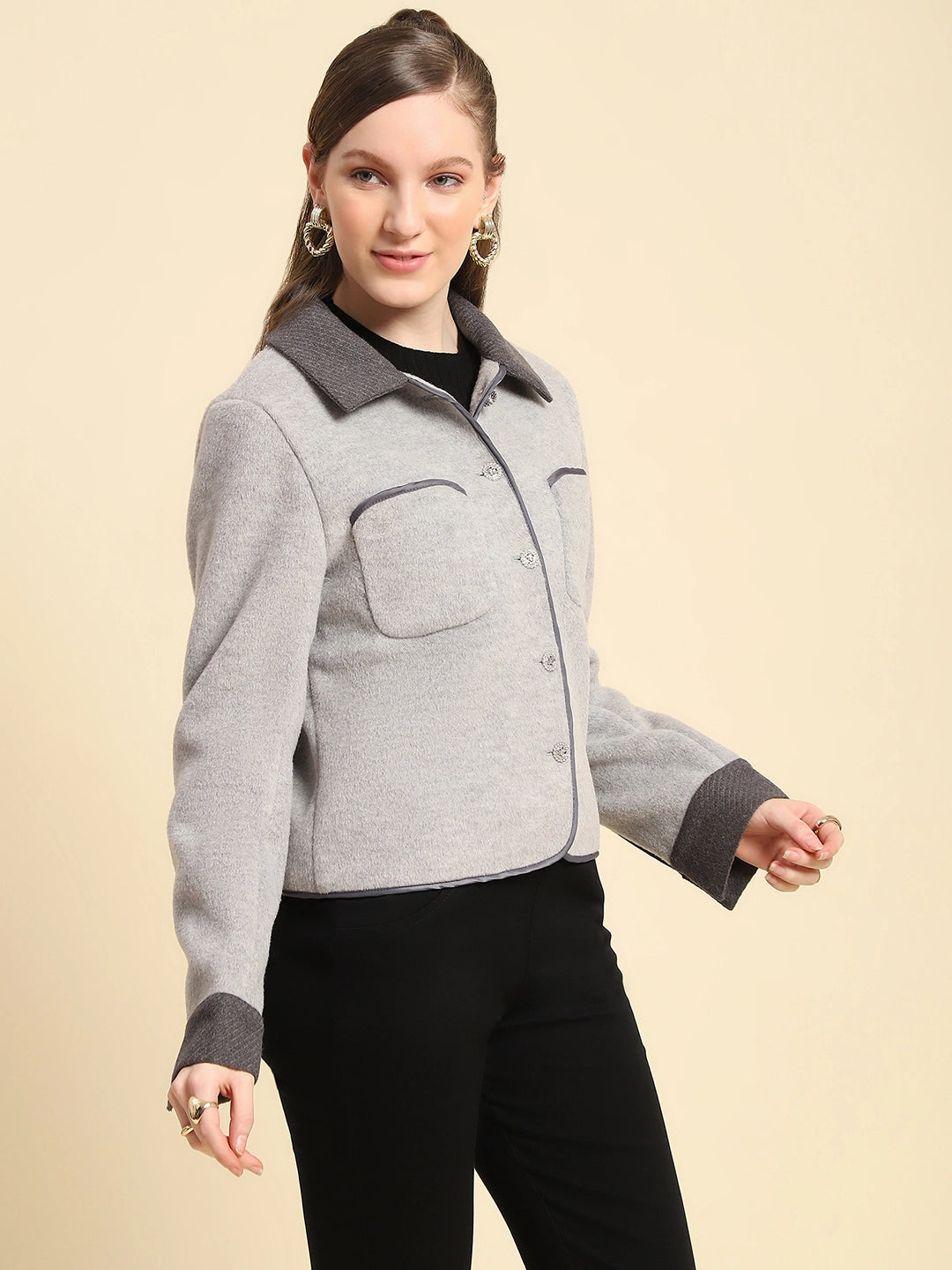 Grey Melange Solid Poly Viscose Regular Fit Coat