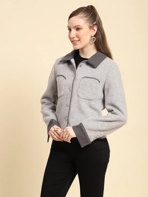 Grey Mélange Solid Poly Viscose Regular Fit Coat