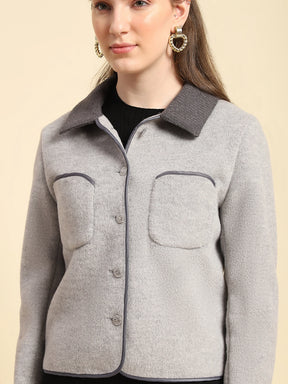 Grey Mélange Solid Poly Viscose Regular Fit Coat