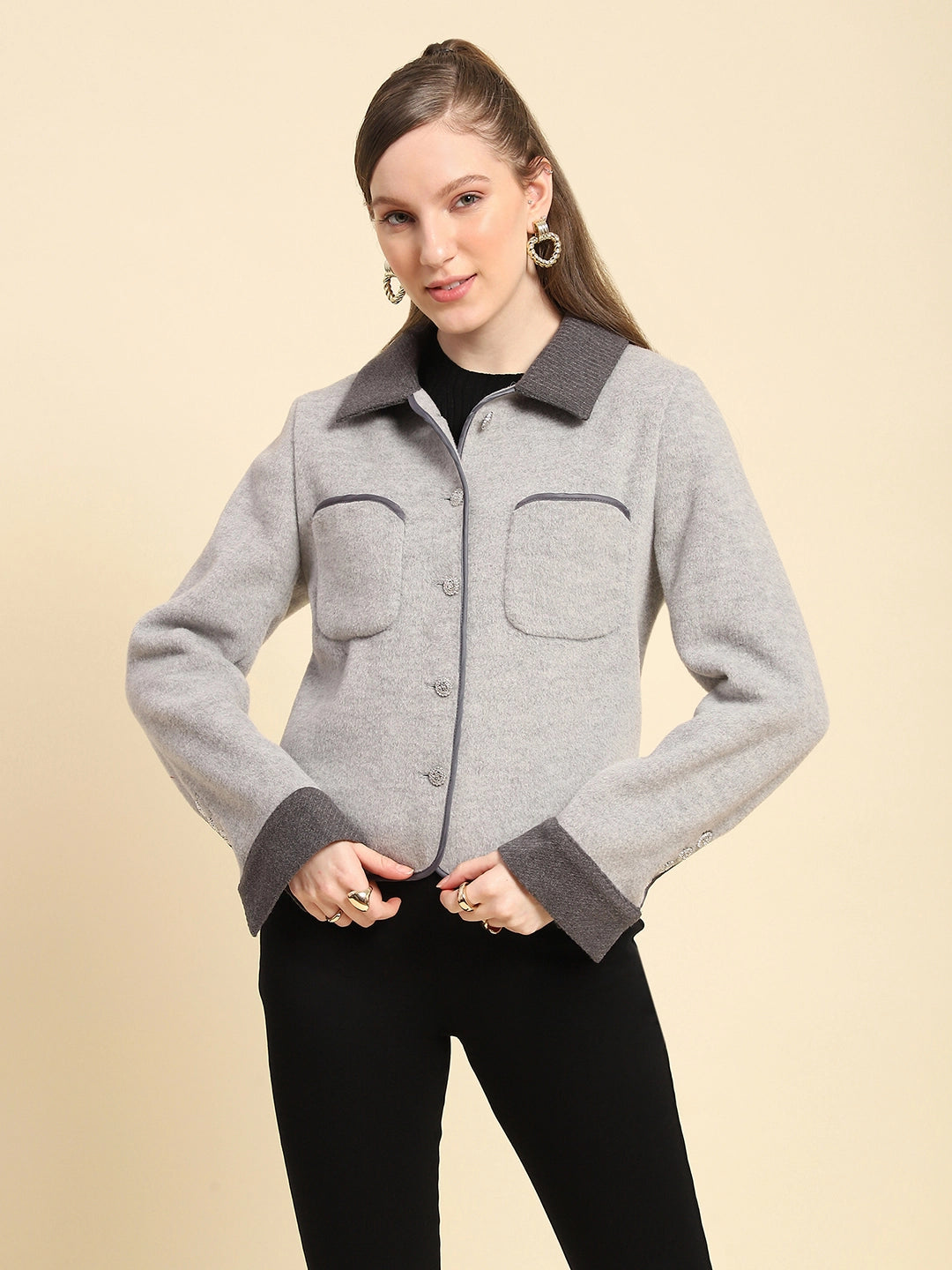 Grey Melange Solid Poly Viscose Regular Fit Coat