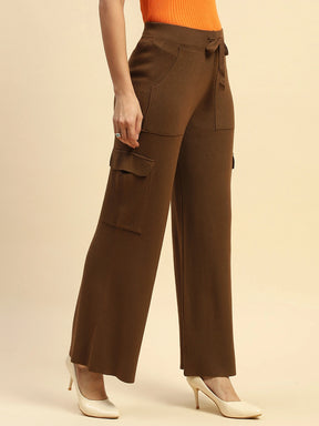 Brown Poly Viscose Loose Fit Cargo Lower For Women