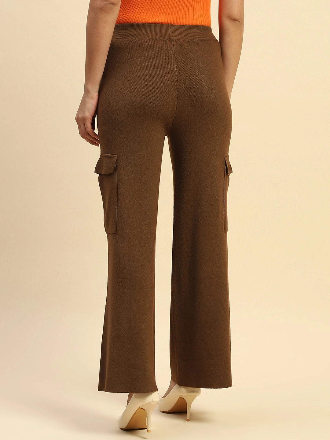 Brown Poly Viscose Loose Fit Cargo Lower For Women