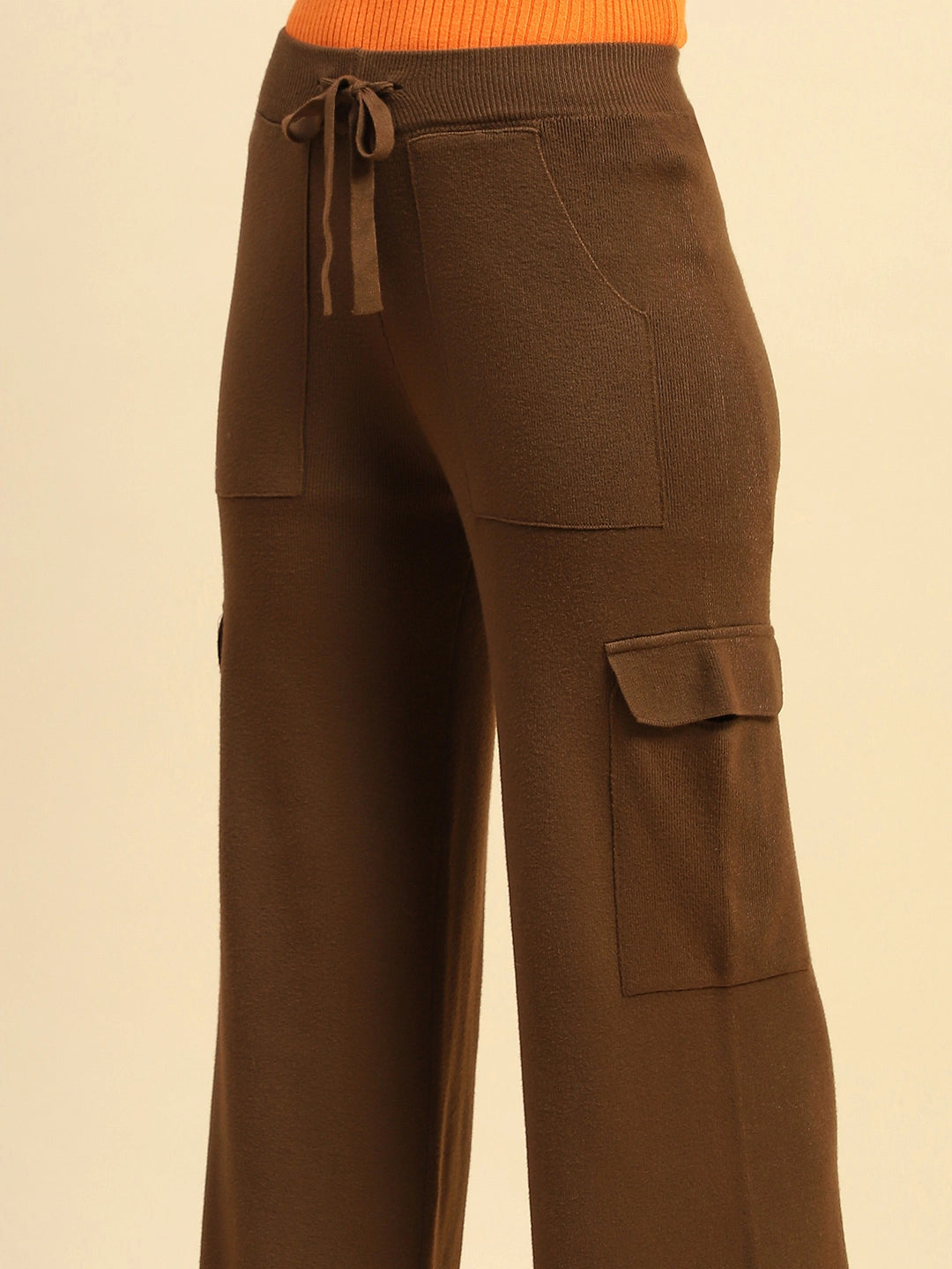 Brown Poly Viscose Loose Fit Cargo Lower For Women