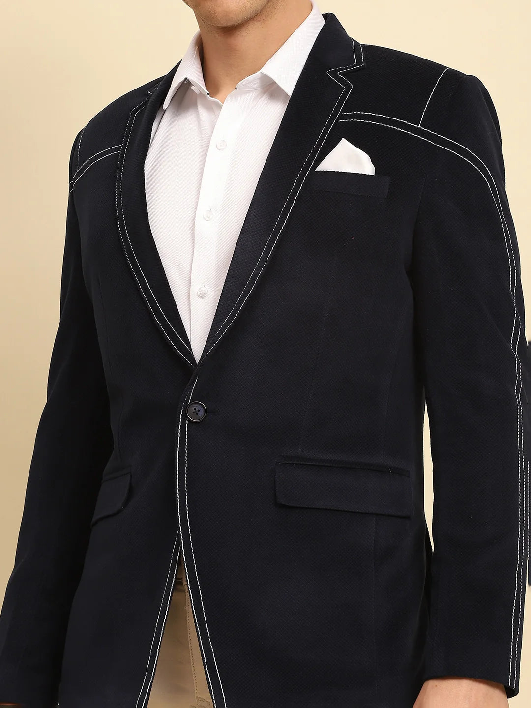 Navy Blue Ploy Blend Textured Regular Fit Coat