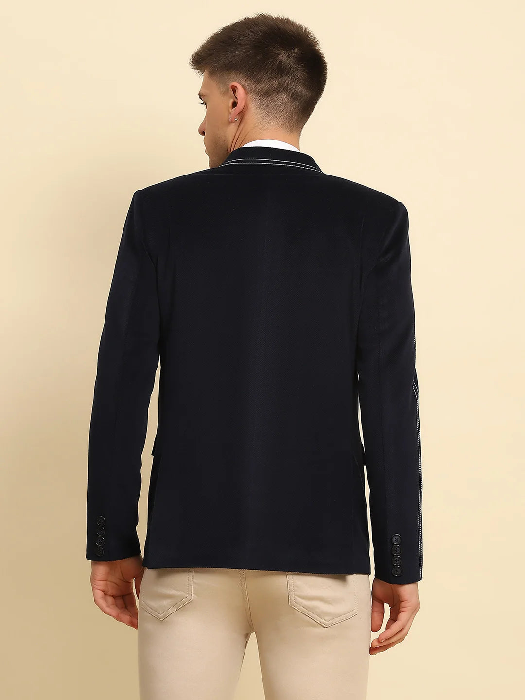 Navy Blue Ploy Blend Textured Regular Fit Coat