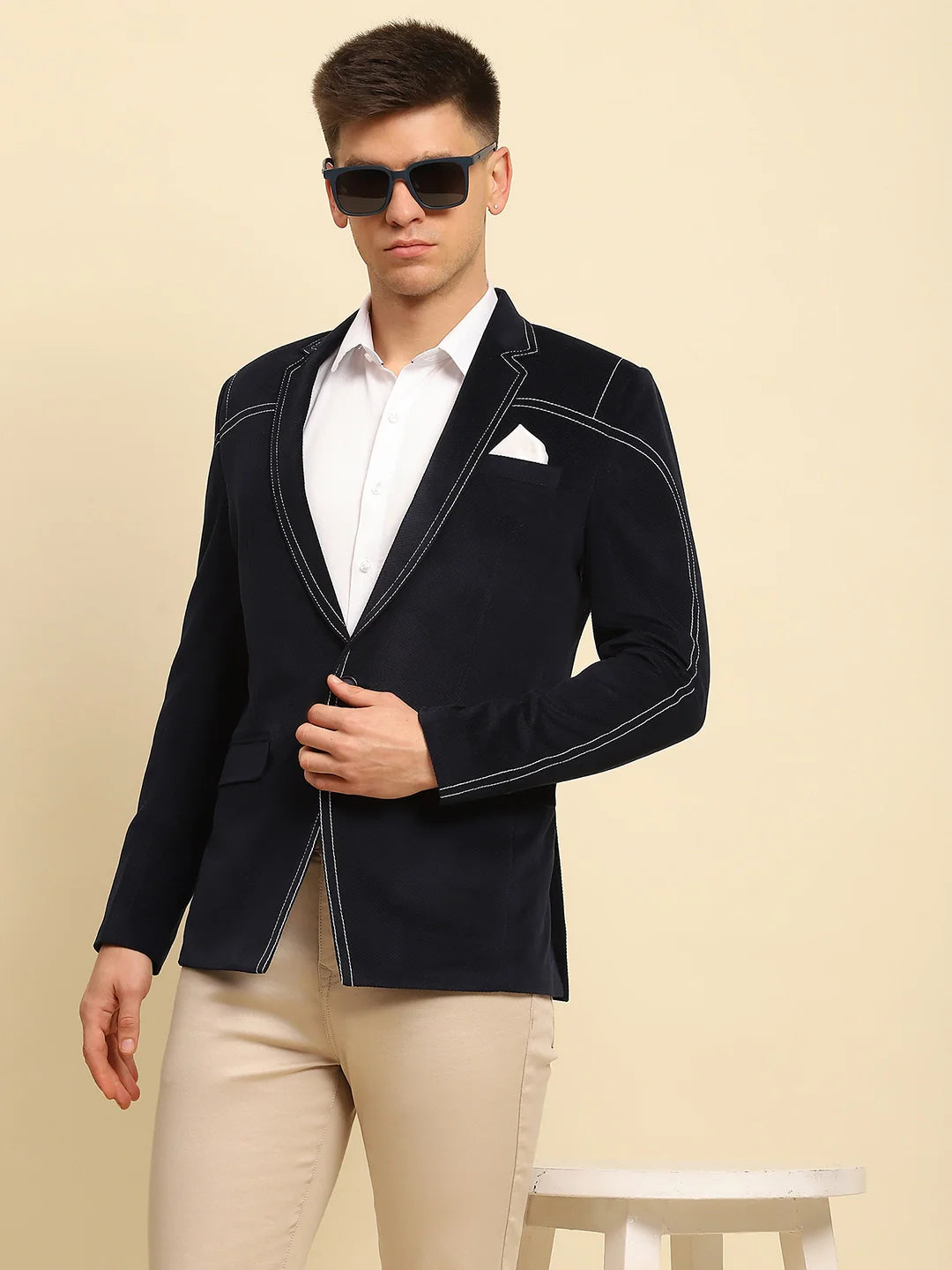 Navy Blue Ploy Blend Textured Regular Fit Coat