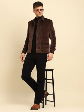 Brown Velvet Solid Regular Fit Jacket