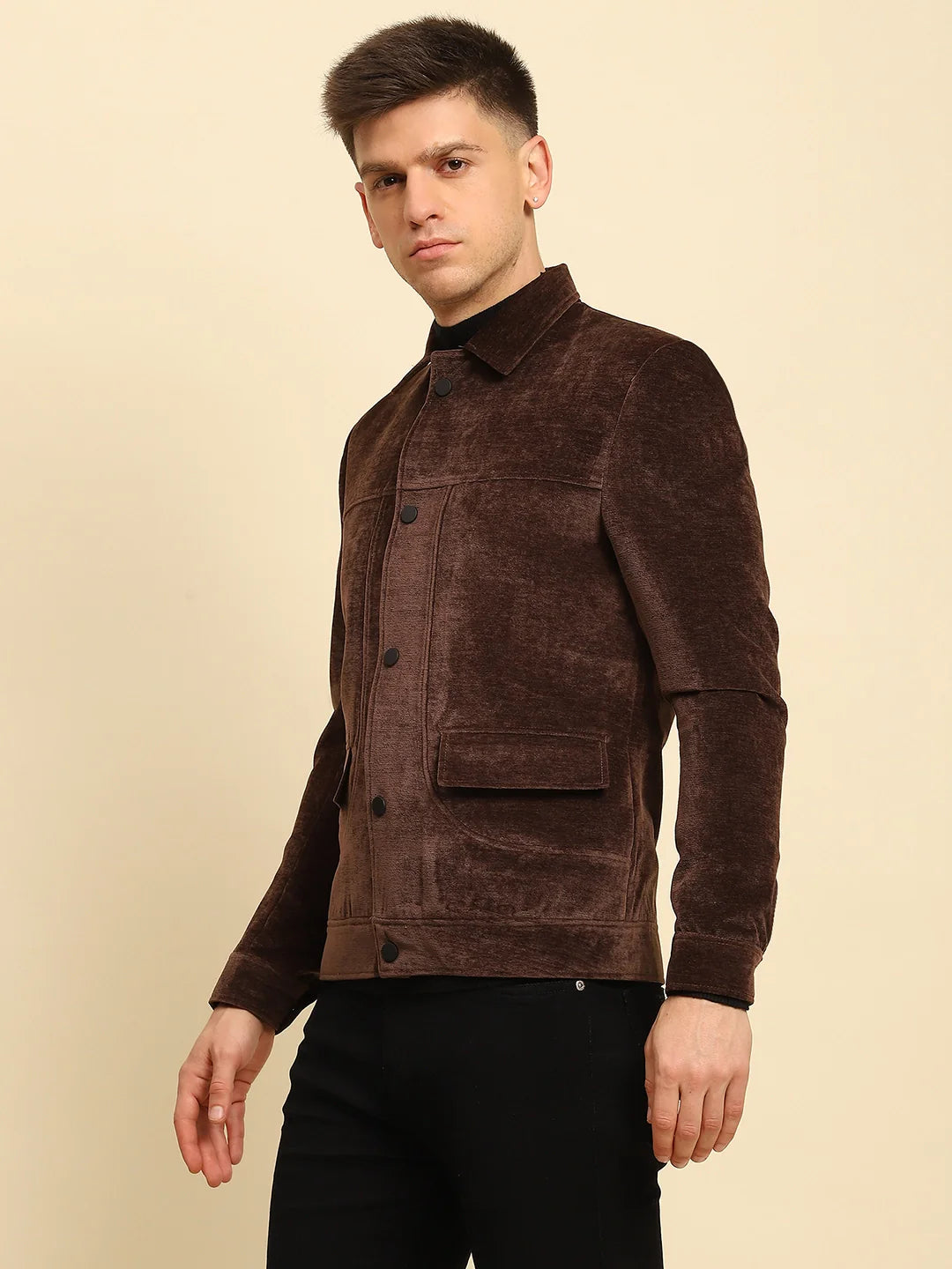 Brown Velvet Solid Regular Fit Jacket