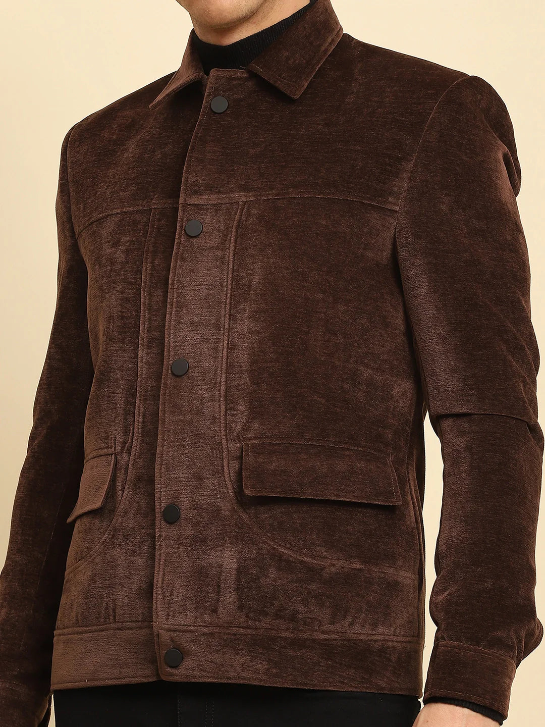 Brown Velvet Solid Regular Fit Jacket