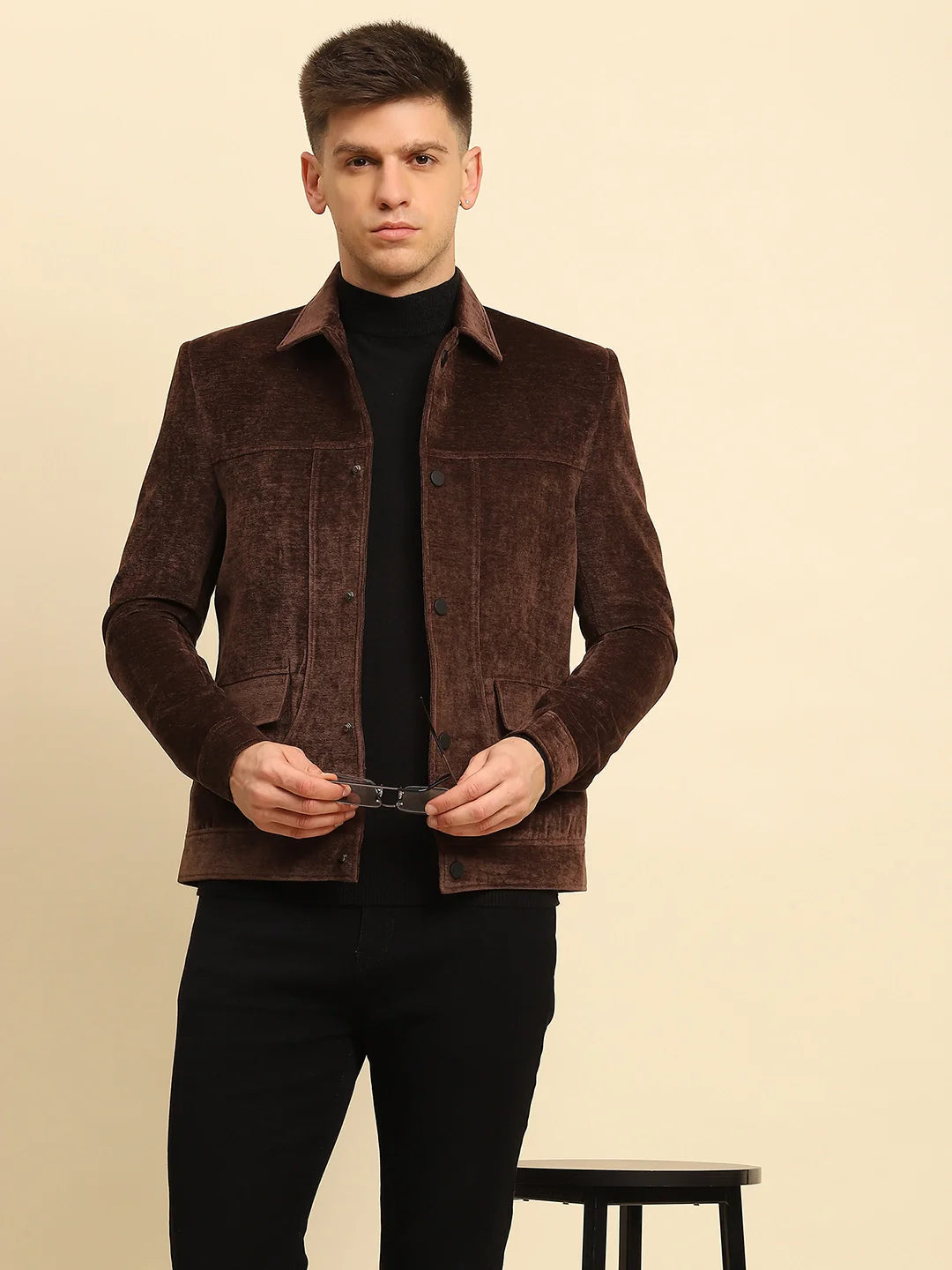 Brown Velvet Solid Regular Fit Jacket