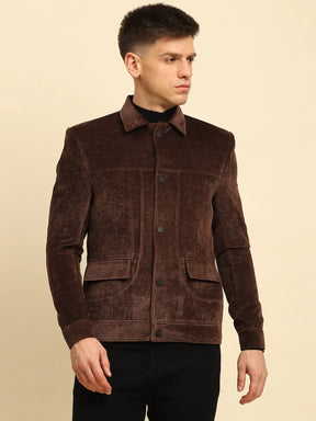 Brown Velvet Solid Regular Fit Jacket