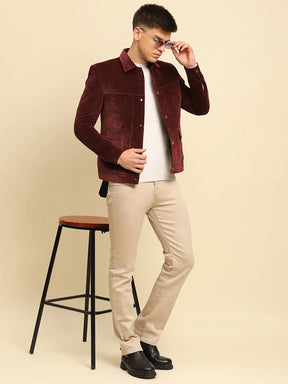 Maroon Velvet Solid Regular Fit Jacket