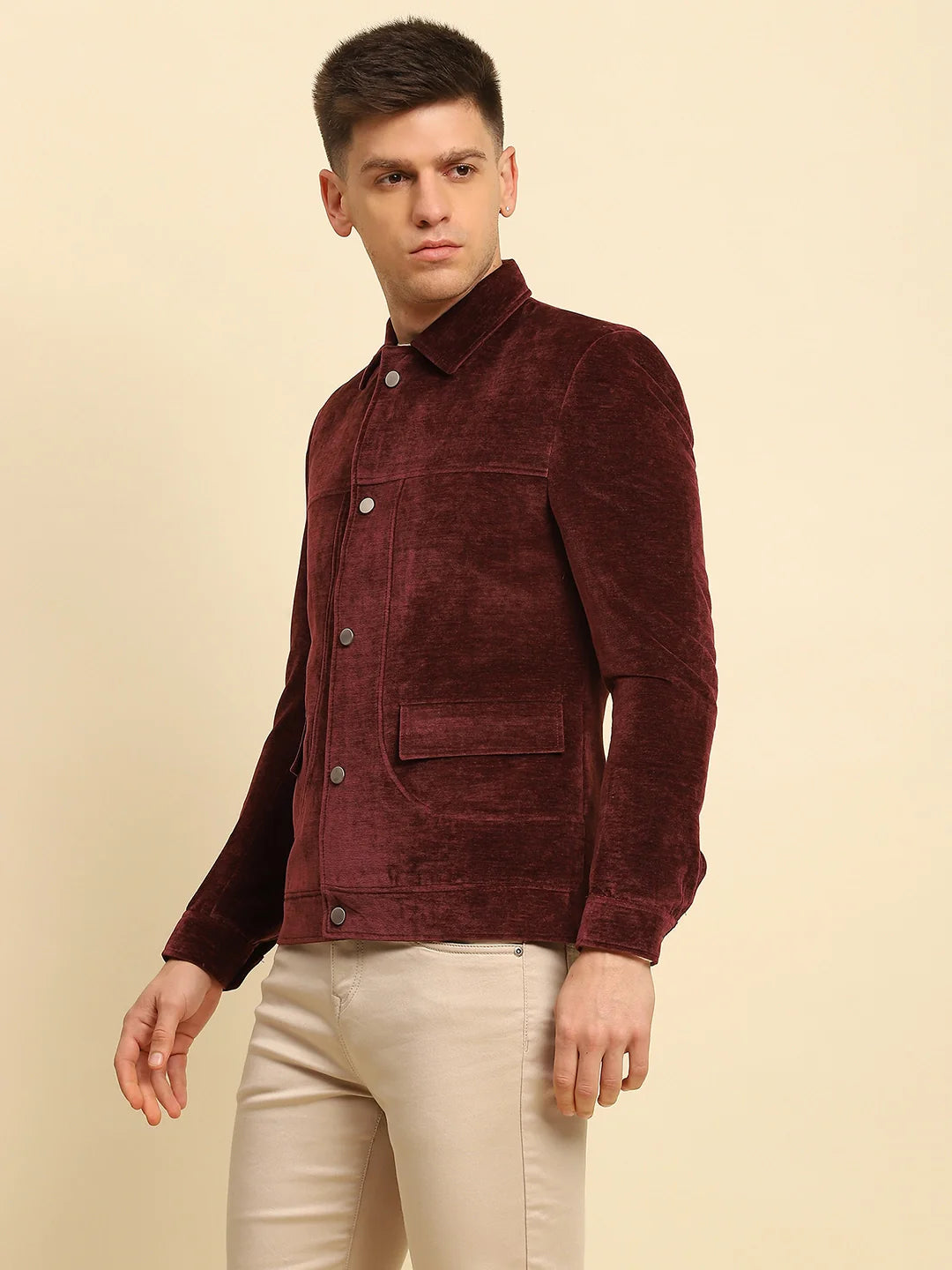 Maroon Velvet Solid Regular Fit Jacket