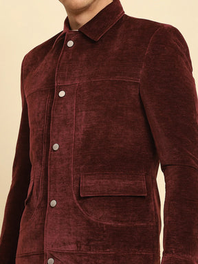 Maroon Velvet Solid Regular Fit Jacket