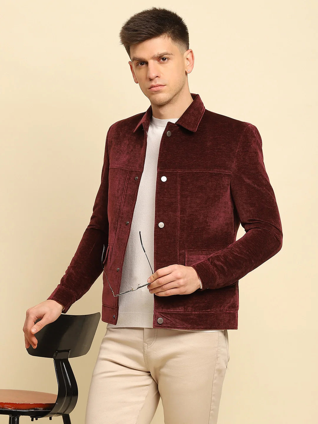 Maroon Velvet Solid Regular Fit Jacket