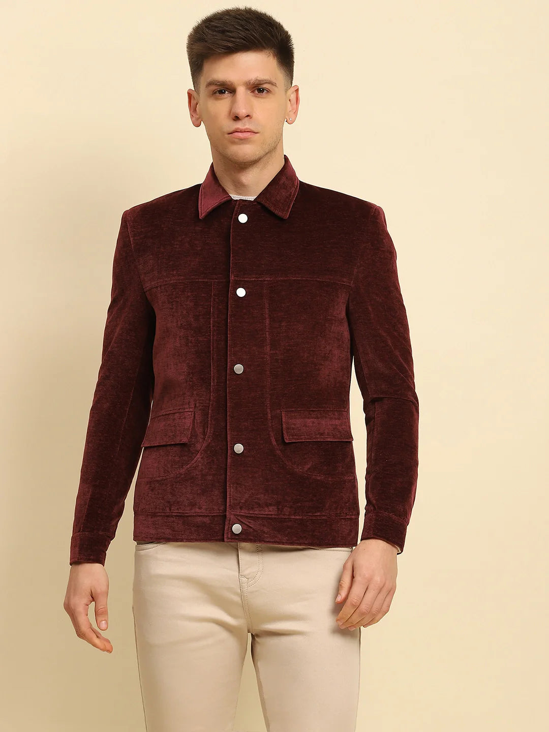 Maroon Velvet Solid Regular Fit Jacket