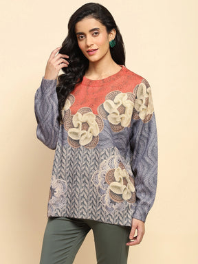 Rust Polyester Blend Relaxed Fit Pullover For Women