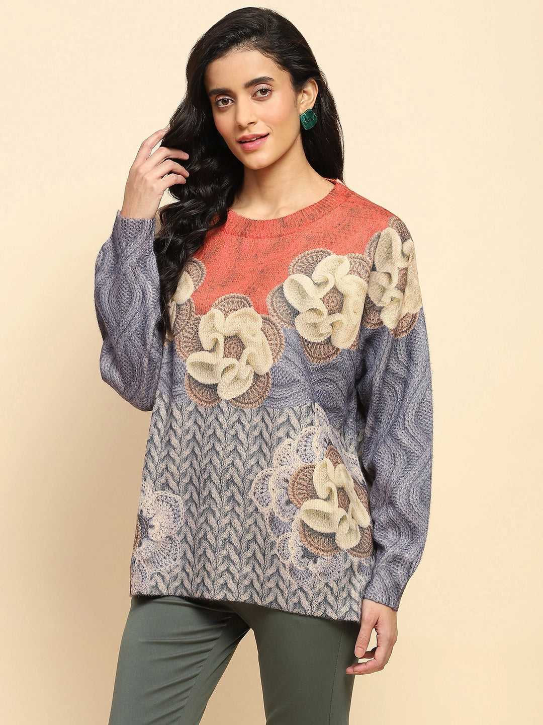 Blue Polyester Blend Relaxed Fit Pullover For Winter