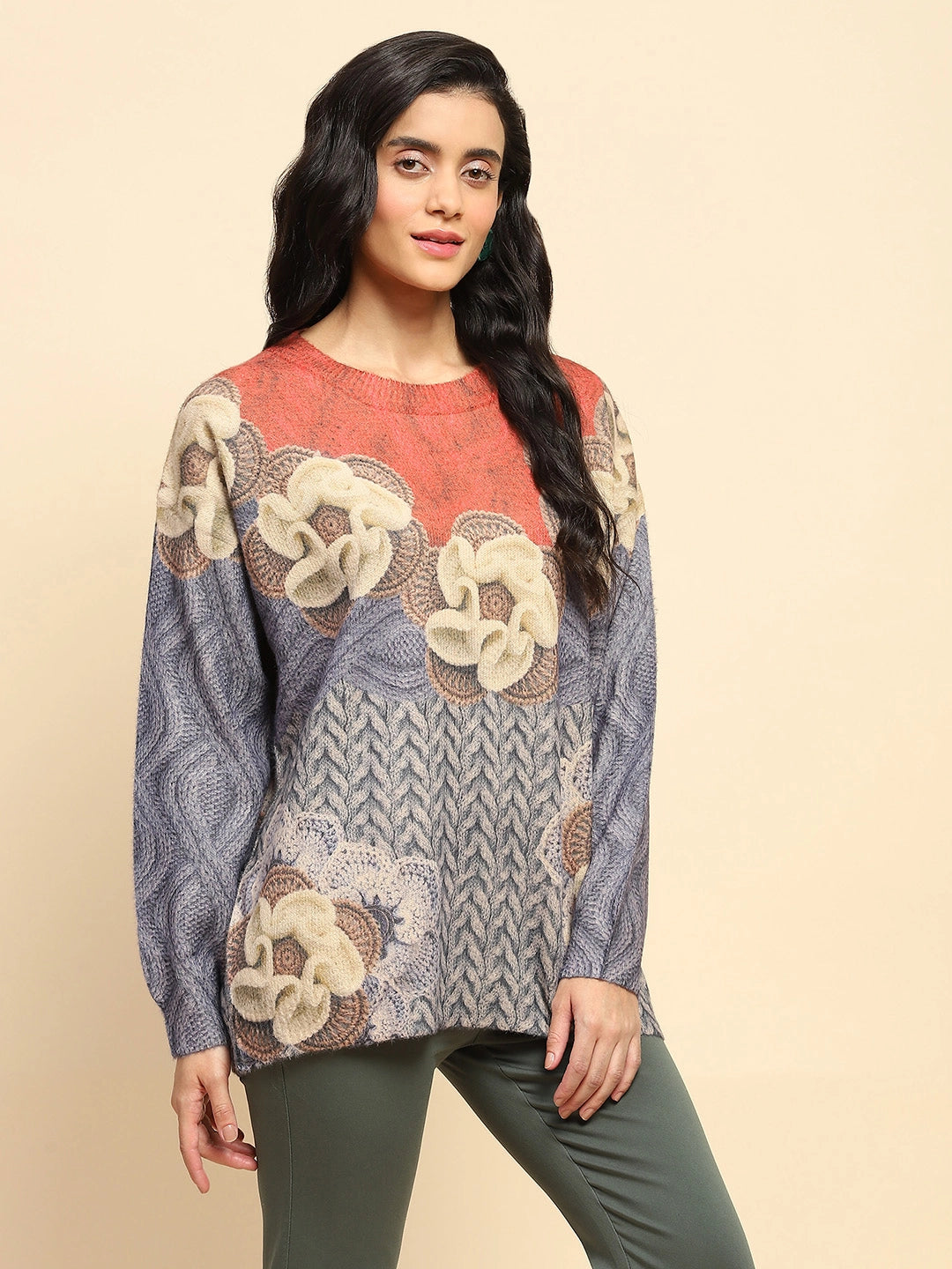 Rust Polyester Blend Relaxed Fit Pullover For Women