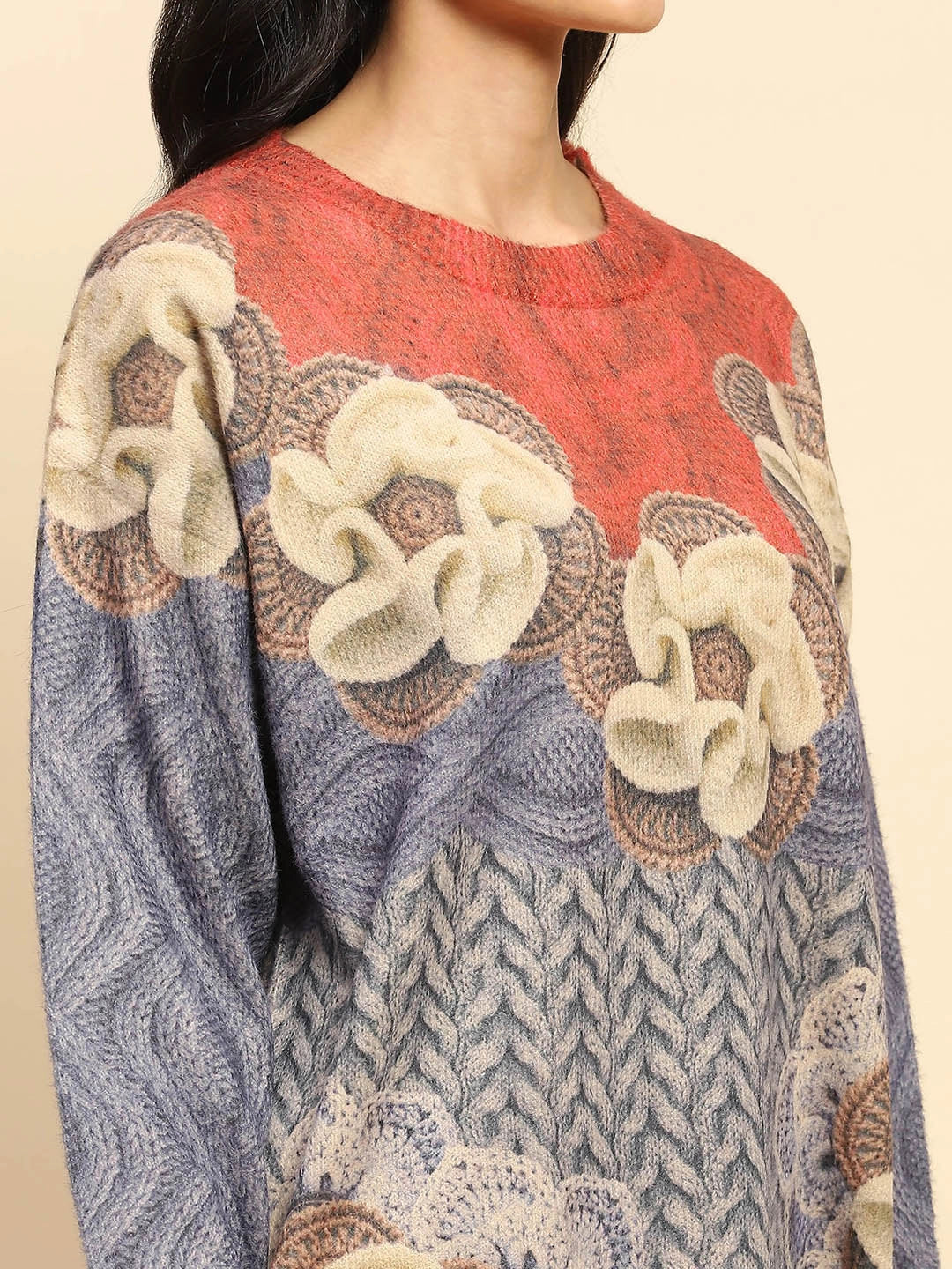 Blue Polyester Blend Relaxed Fit Pullover For Winter