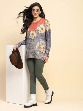 Rust Polyester Blend Relaxed Fit Pullover For Women