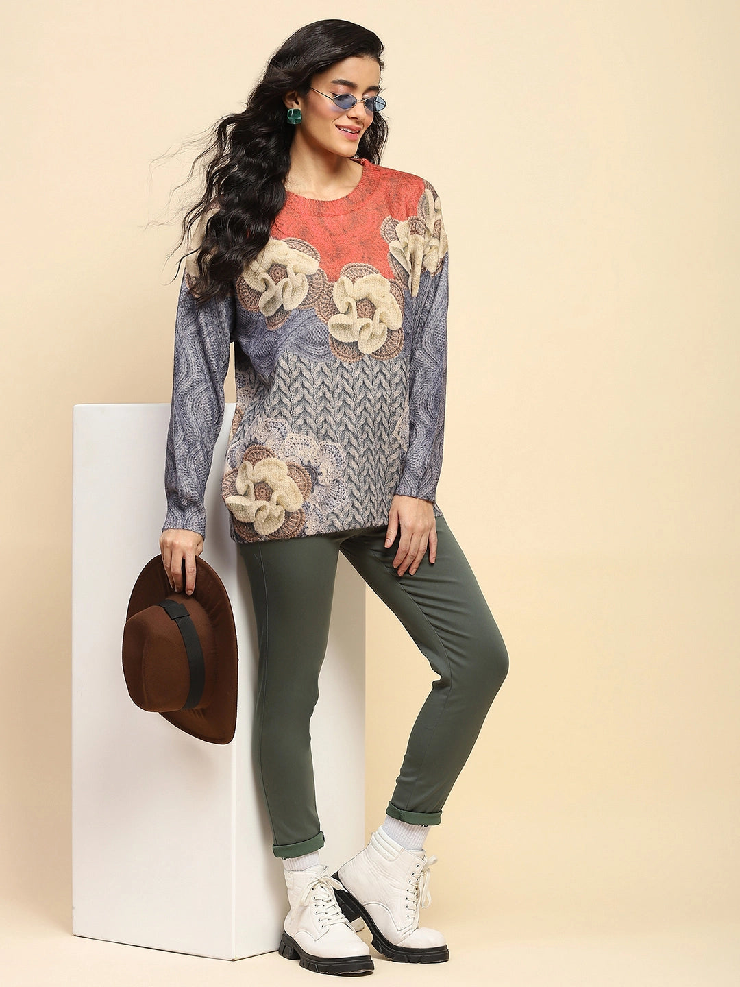 Rust Polyester Blend Relaxed Fit Pullover For Women