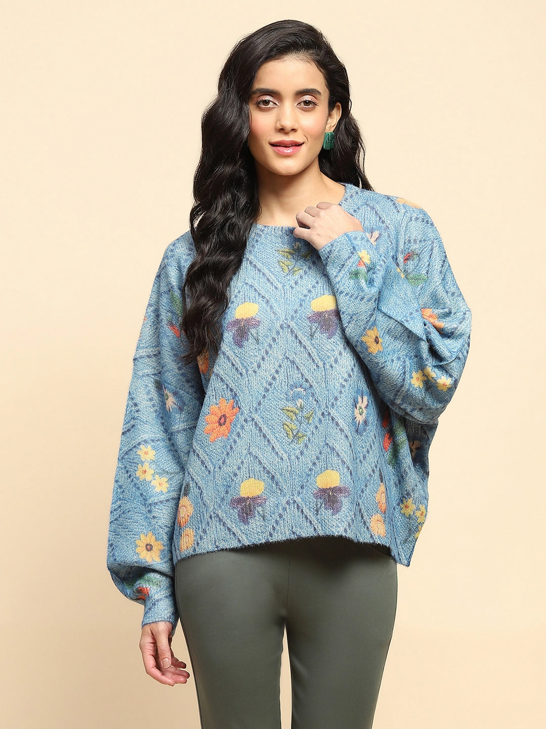 Blue Polyester Blend Relaxed Fit Pullover For Women