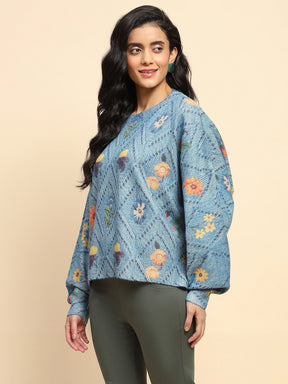 Blue Polyester Blend Relaxed Fit Pullover For Women