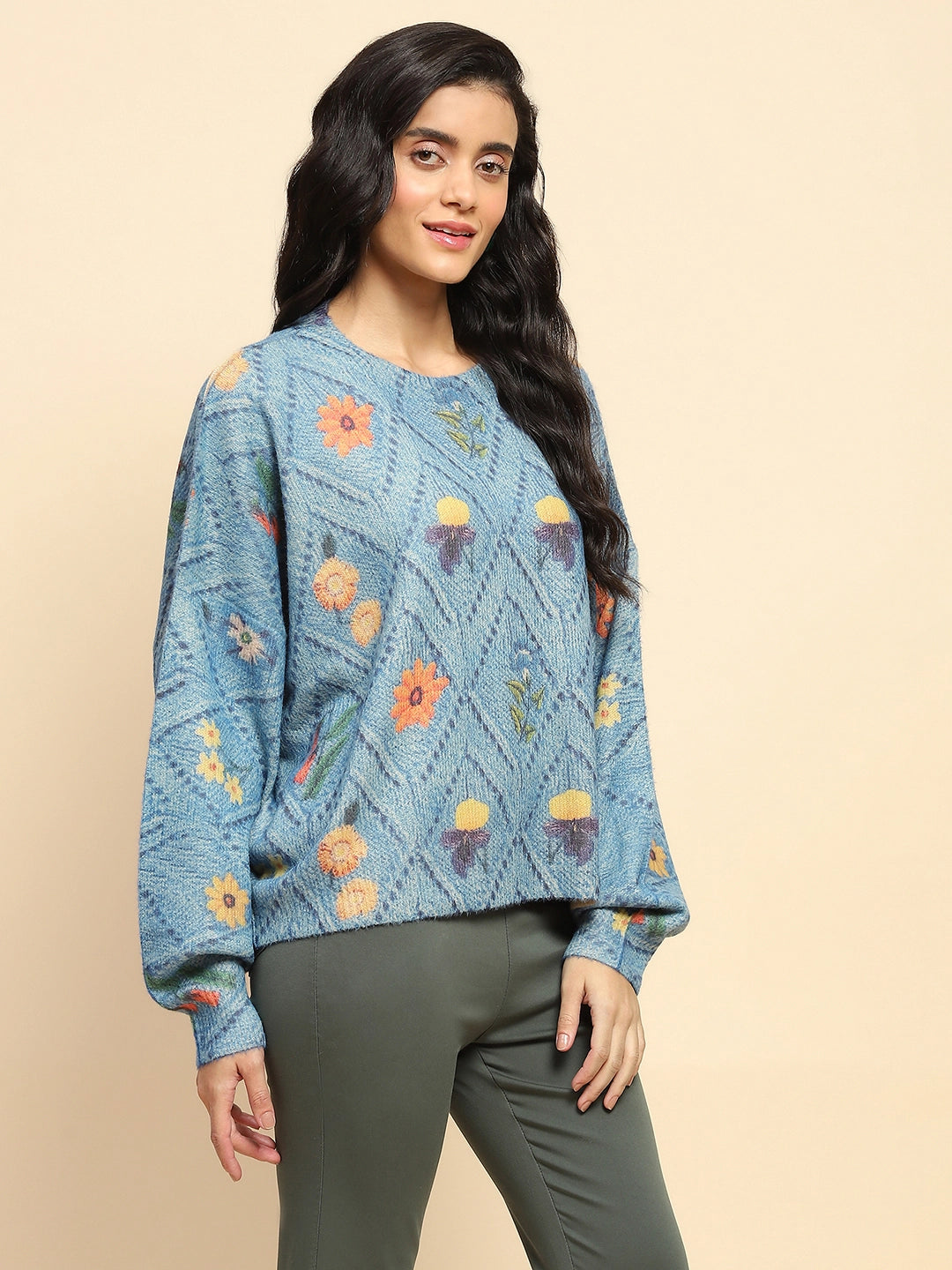 Blue Polyester Blend Relaxed Fit Pullover For Women