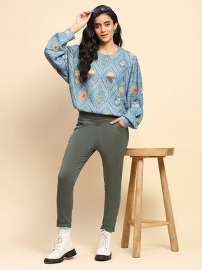 Blue Polyester Blend Relaxed Fit Pullover For Women