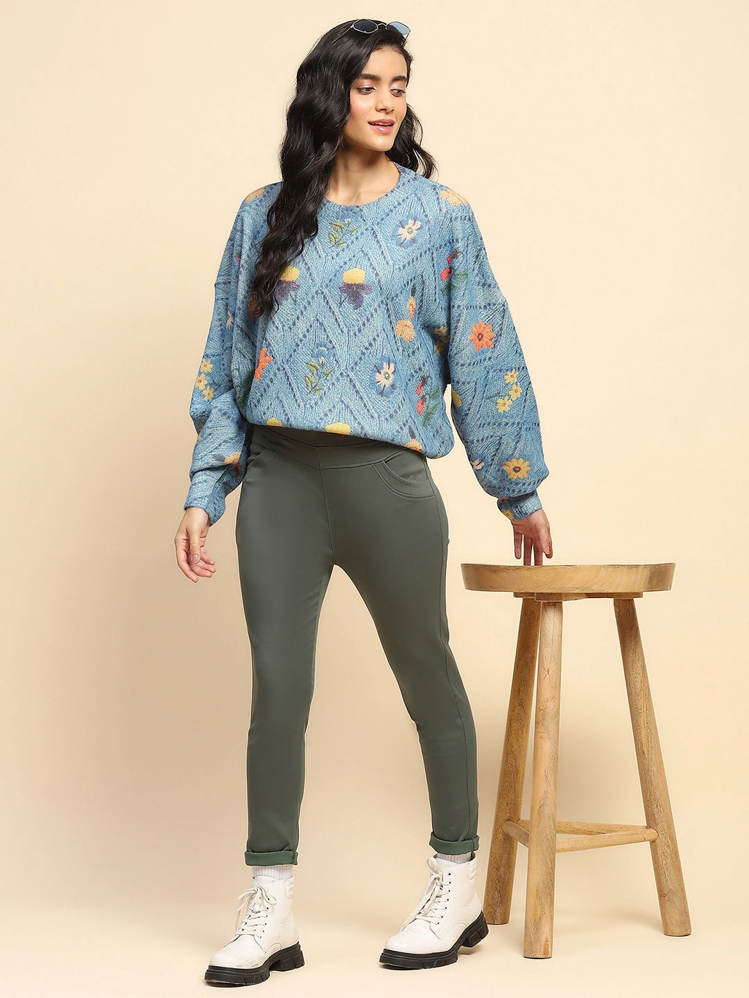 Blue Polyester Blend Relaxed Fit Pullover For Women