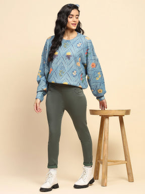 Blue Polyester Blend Relaxed Fit Pullover For Women