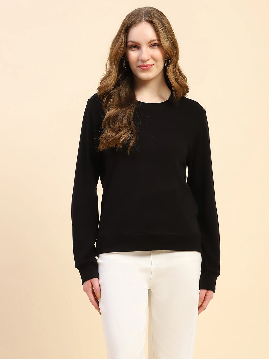 Black Solid Acrylic Blend Relaxed Fit Sweat Shirt