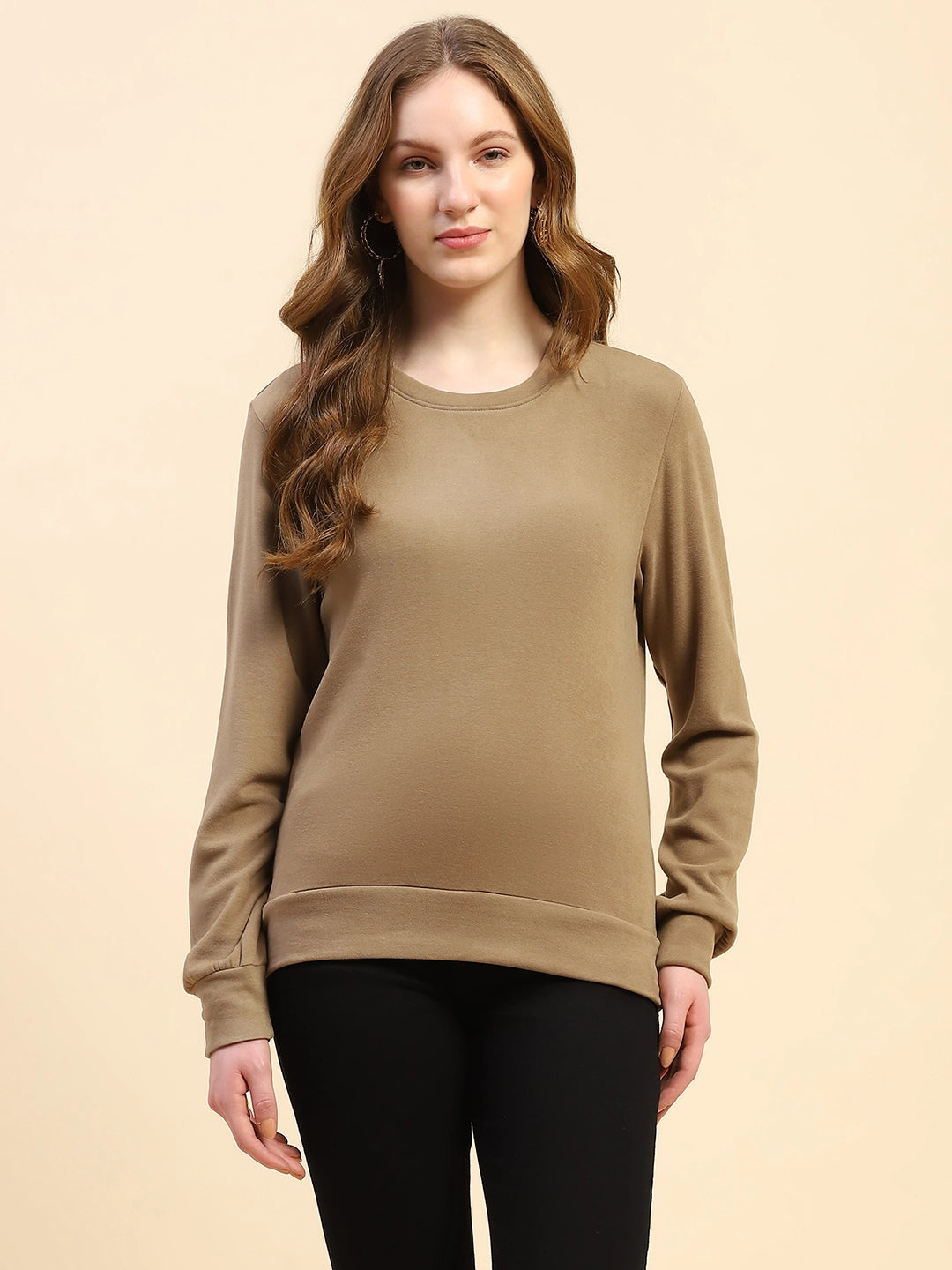 Mud Brown Solid Acrylic Blend Relaxed Fit Sweat Shirt