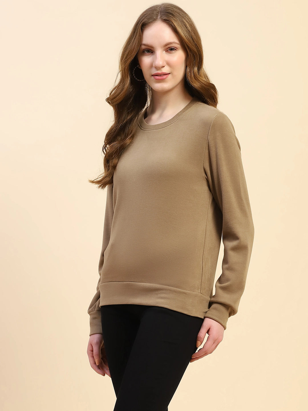 Mud Brown Solid Acrylic Blend Relaxed Fit Sweat Shirt