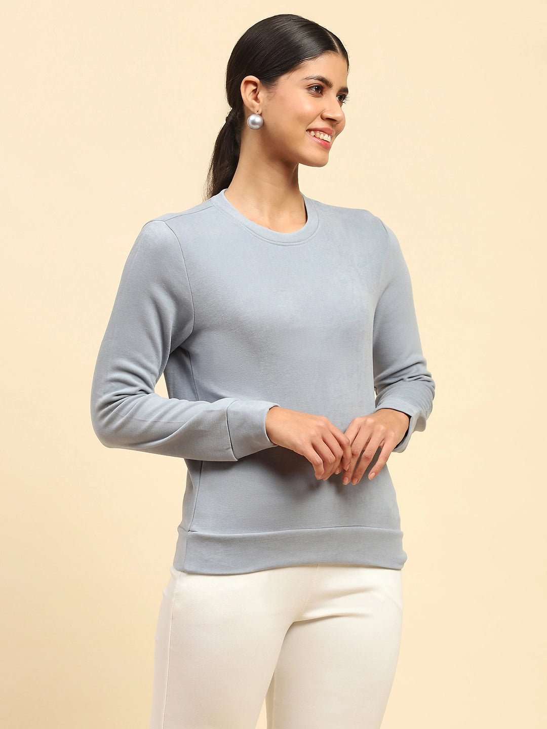 Powder Blue Solid Acrylic Blend Relaxed Fit Sweat Shirt