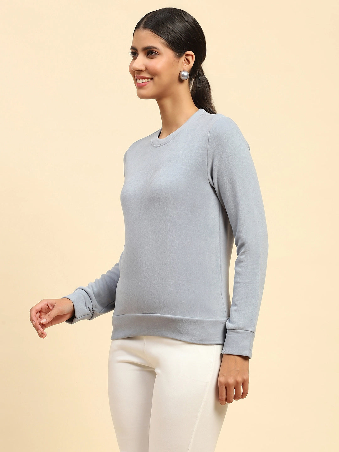 Powder Blue Solid Eco Silk Blend Relaxed Fit Sweat Shirt