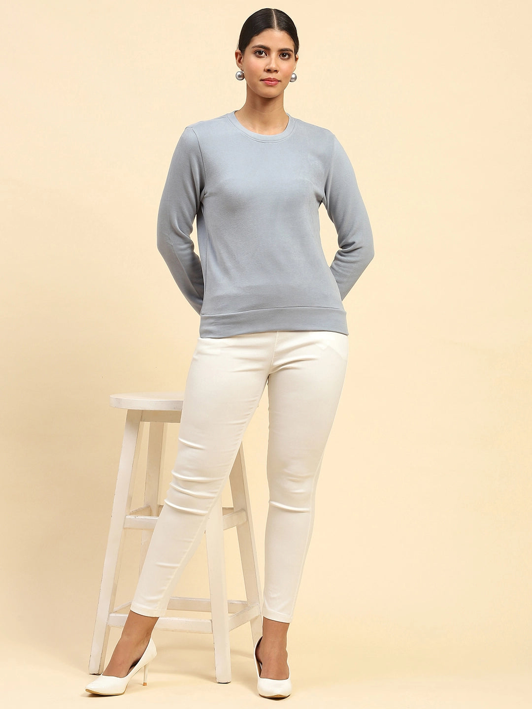 Powder Blue Solid Eco Silk Blend Relaxed Fit Sweat Shirt