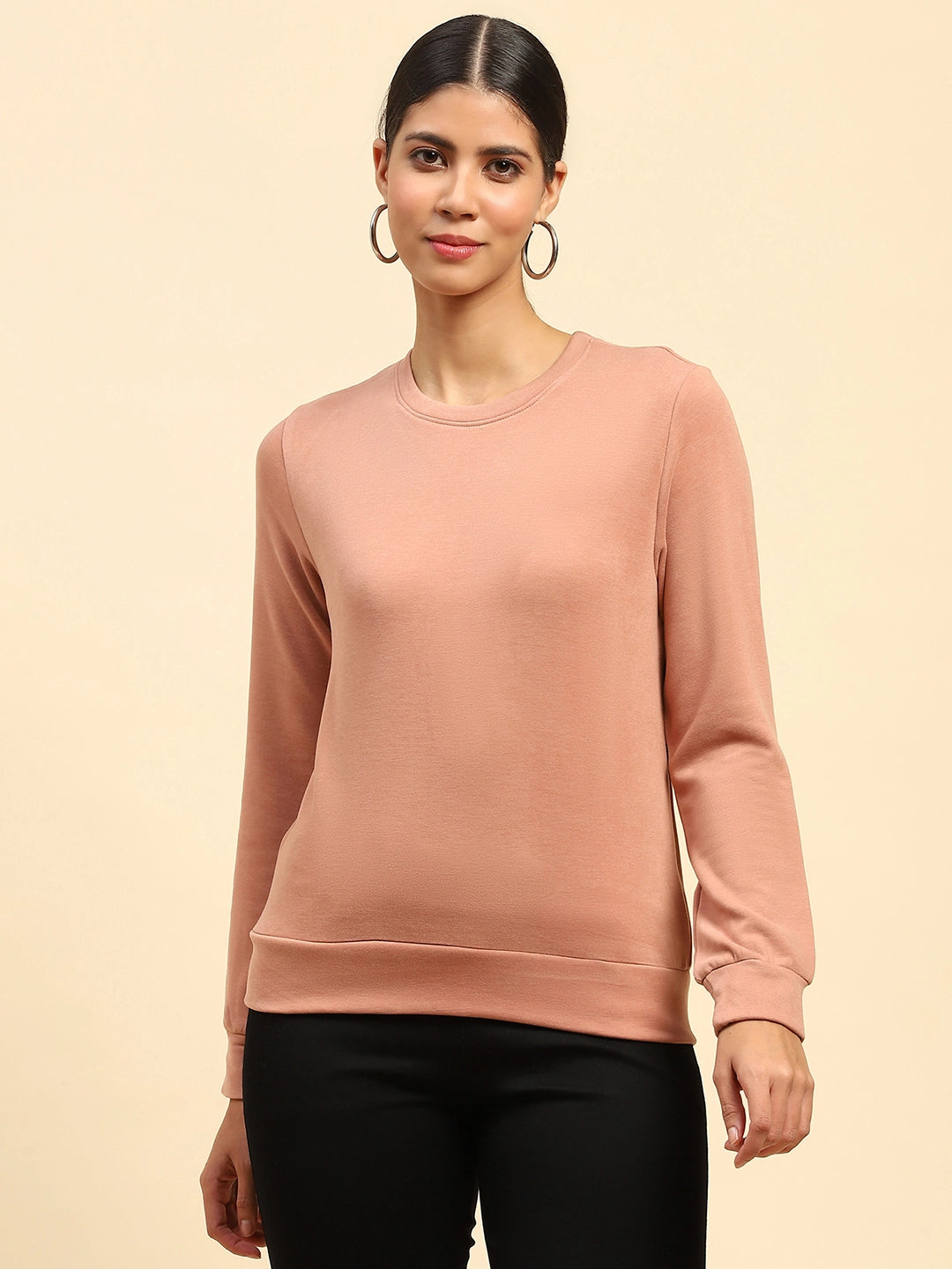 Rose Solid Acrylic Blend Relaxed Fit Sweat Shirt