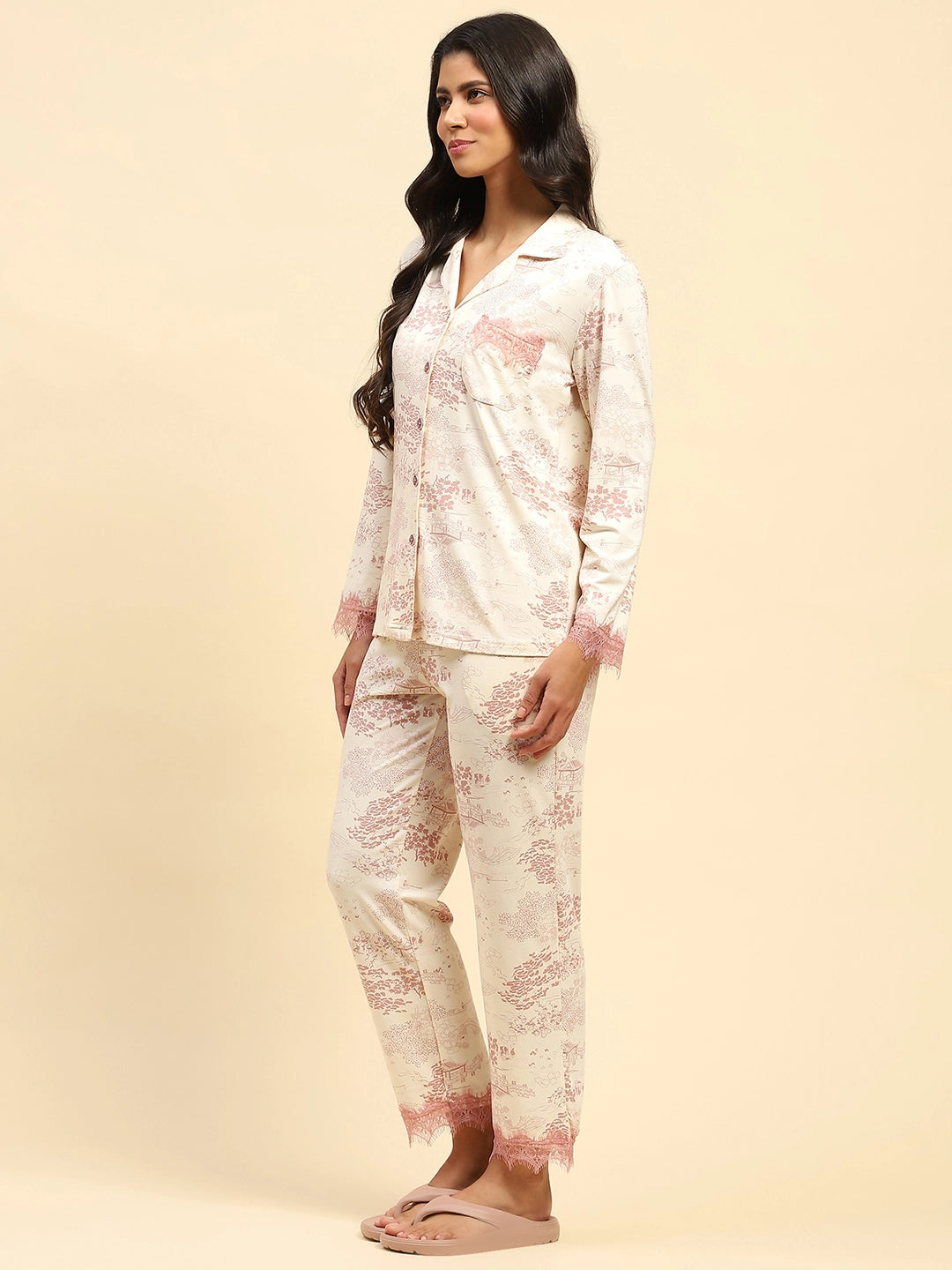 Blush Pink Floral Cotton Blend Relaxed Fit Night Suit