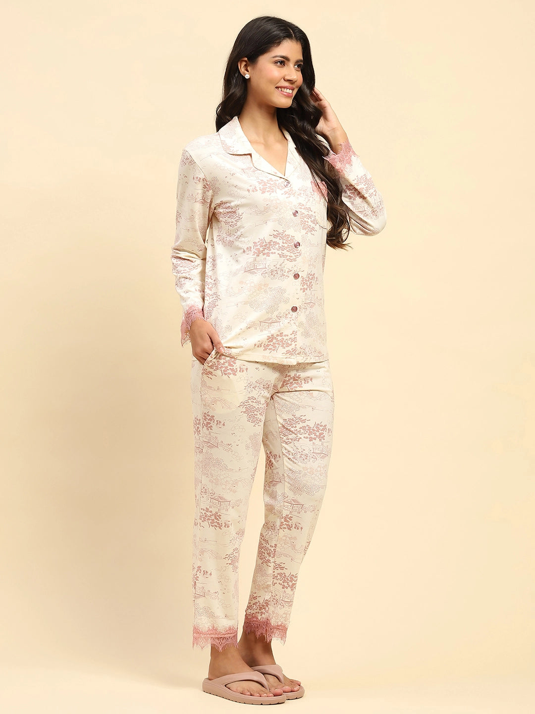 Blush Pink Floral Cotton Blend Relaxed Fit Night Suit