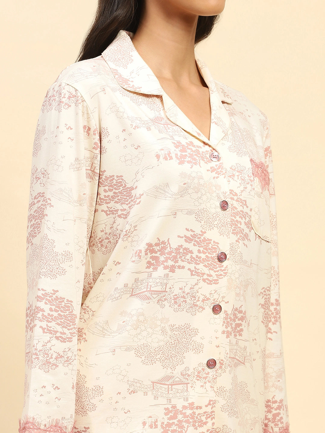 Blush Pink Floral Cotton Blend Relaxed Fit Night Suit