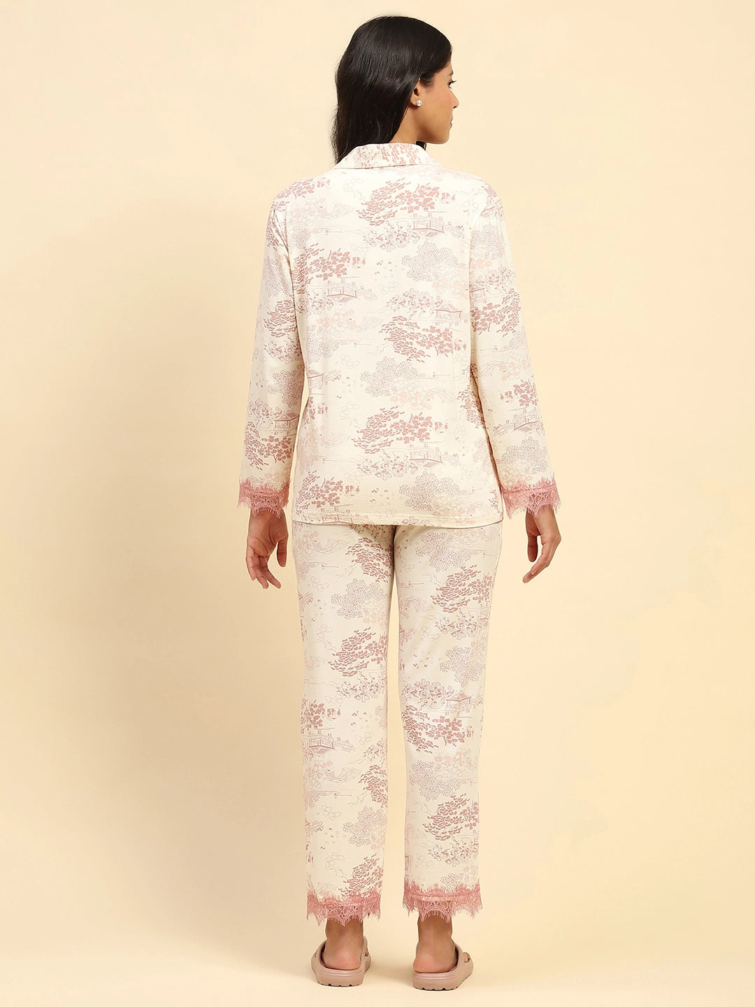 Blush Pink Floral Cotton Blend Relaxed Fit Night Suit