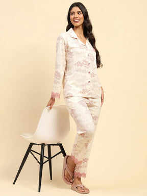 Blush Pink Floral Cotton Blend Relaxed Fit Night Suit