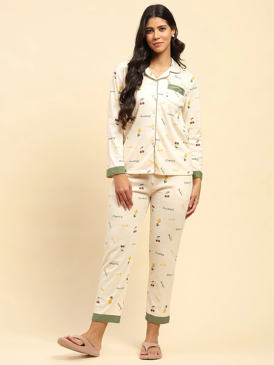 Cream Letter Print Cotton Blend Relaxed Fit Night Suit