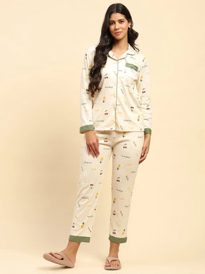 Cream Letter Print Cotton Blend Relaxed Fit Night Suit