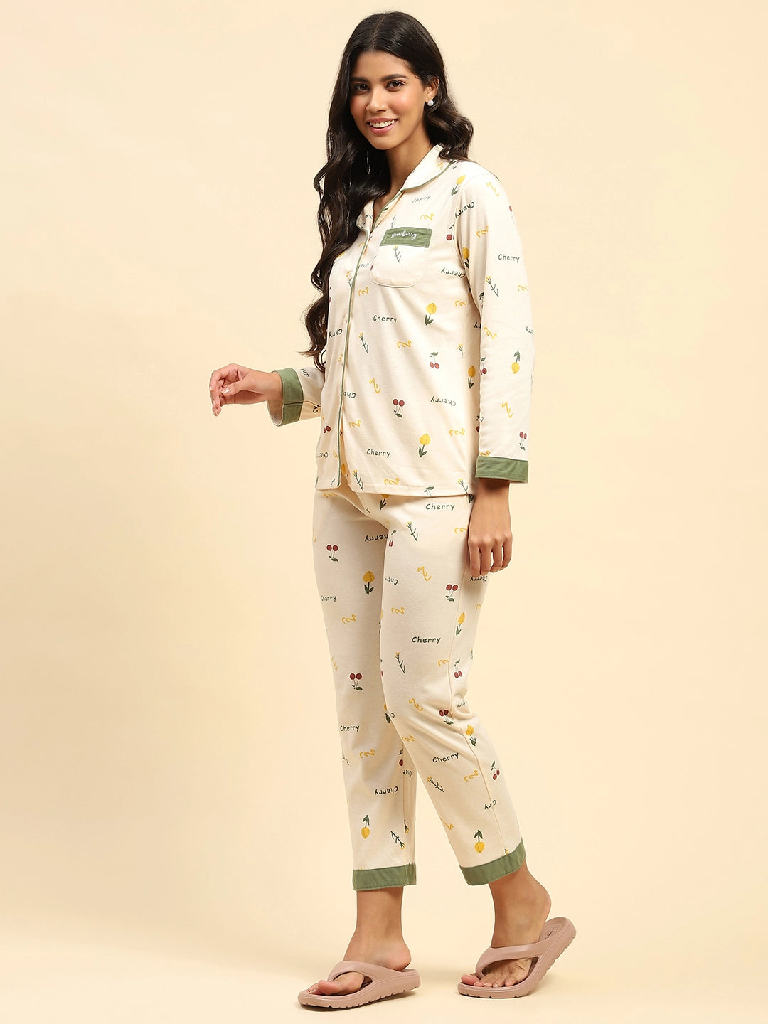 Cream Letter Print Cotton Blend Relaxed Fit Night Suit