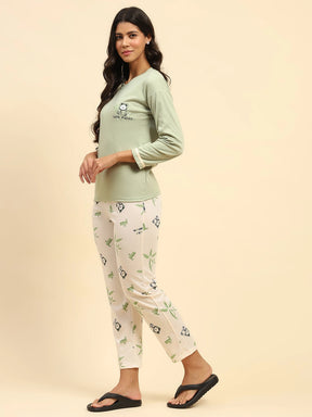 Green Teddy Print Cotton Relaxed Fit Night Suit