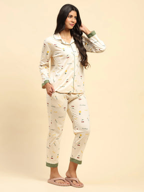 Cream Letter Print Cotton Blend Relaxed Fit Night Suit